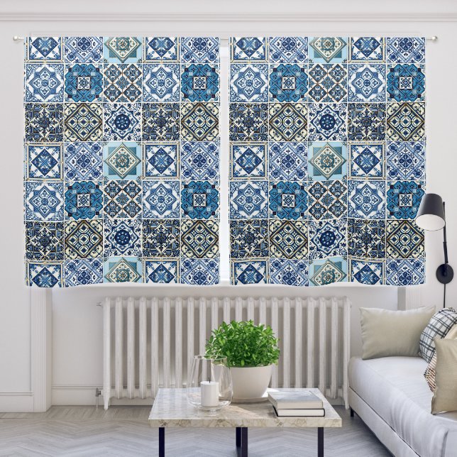 Mediterranean Tiles, Portuguese, Azulejo, Majolica Blackout Curtains (Living Room)