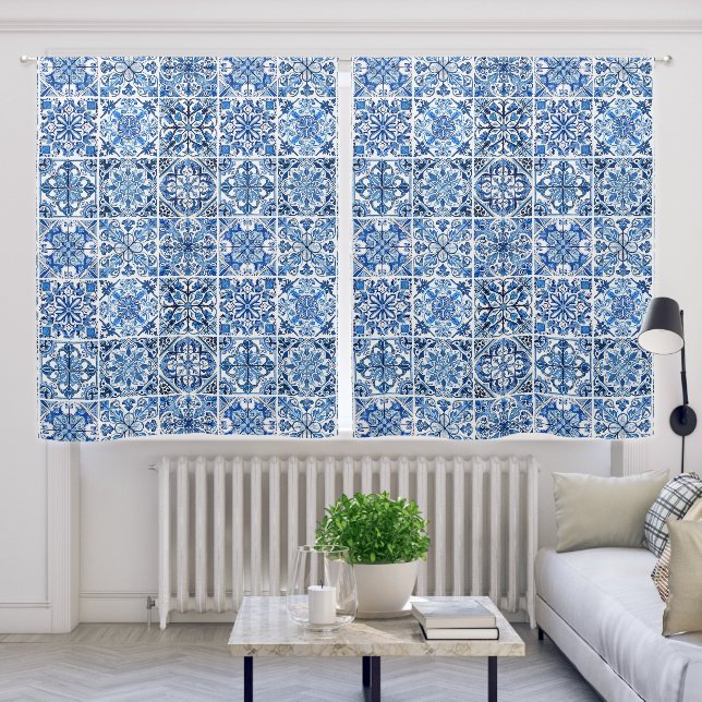 Mediterranean Tiles, Portuguese, Azulejo, Majolica Blackout Curtains (Living Room)