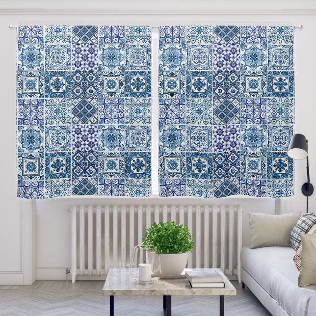 Mediterranean Tiles, Portuguese, Azulejo, Majolica Blackout Curtains (Living Room)