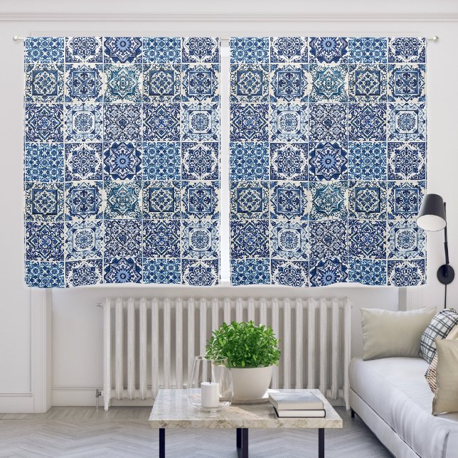 Mediterranean Tiles, Portuguese, Azulejo, Majolica Blackout Curtains (Living Room)