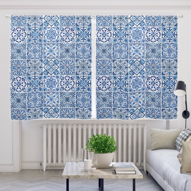 Mediterranean Tiles, Portuguese, Azulejo, Majolica Blackout Curtains (Living Room)