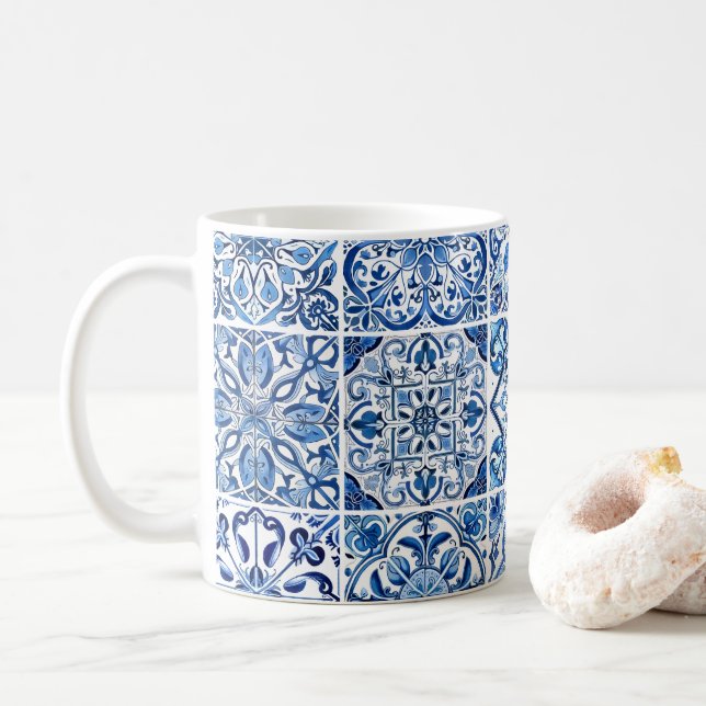 Mediterranean Tiles, Portuguese, Azulejo, Majolica Coffee Mug (With Donut)