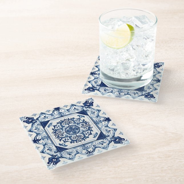 Mediterranean Tiles, Portuguese, Azulejo, Majolica Glass Coaster (Angled)
