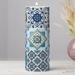 Mediterranean Tiles, Portuguese, Azulejo, Majolica Pillar Candle