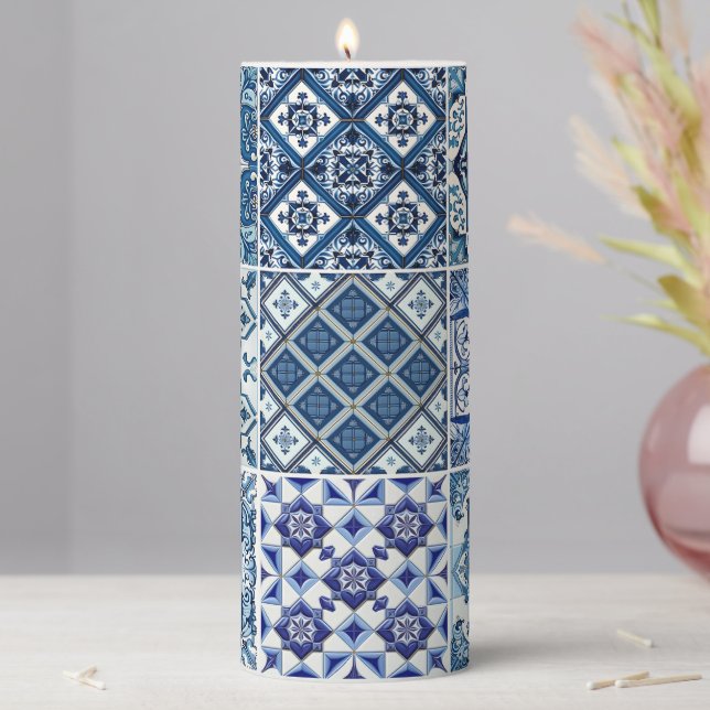 Mediterranean Tiles, Portuguese, Azulejo, Majolica Pillar Candle (In Situ)