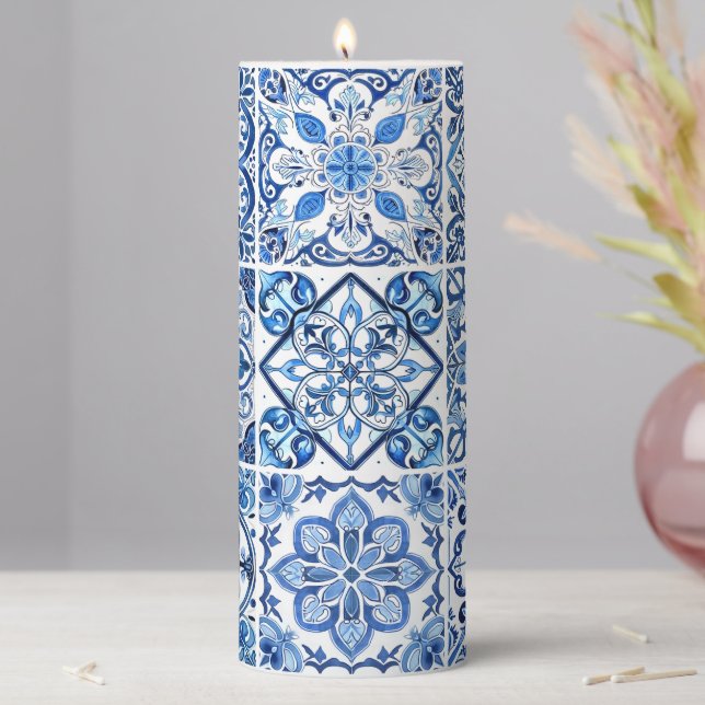 Mediterranean Tiles, Portuguese, Azulejo, Majolica Pillar Candle (In Situ)