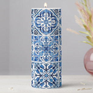 Mediterranean Tiles, Portuguese, Azulejo, Majolica Pillar Candle