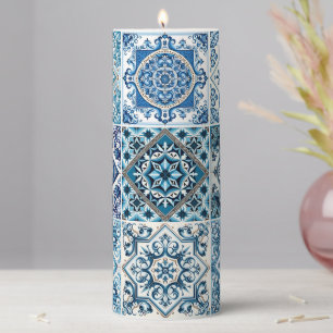 Mediterranean Tiles, Portuguese, Azulejo, Majolica Pillar Candle