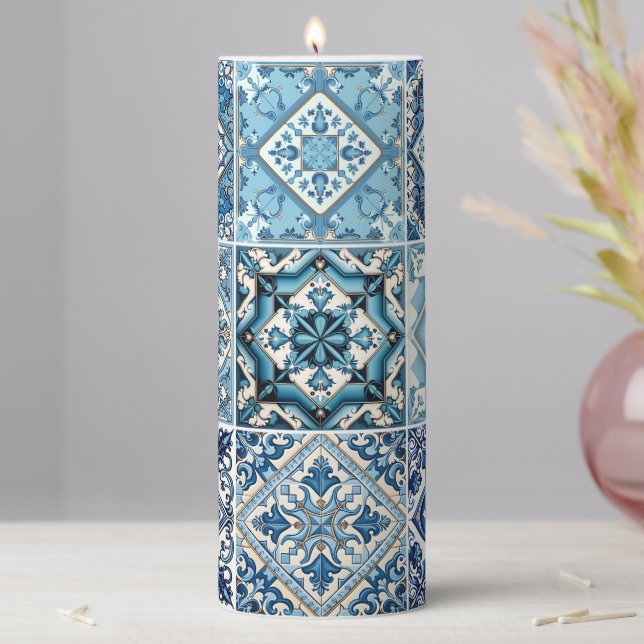Mediterranean Tiles, Portuguese, Azulejo, Majolica Pillar Candle (In Situ)