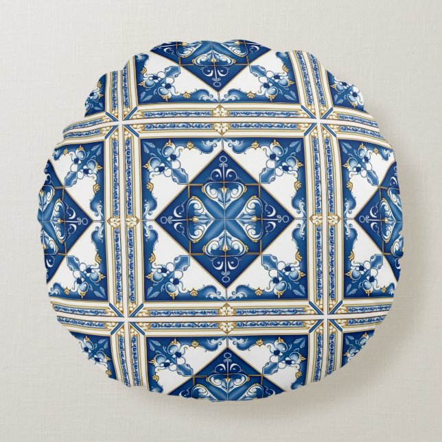 Mediterranean Tiles, Portuguese, Azulejo, Majolica Round Pillow (Front)