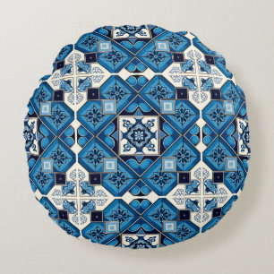 Mediterranean Tiles, Portuguese, Azulejo, Majolica Round Pillow