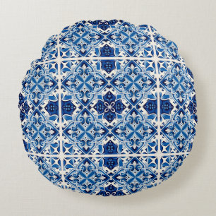 Mediterranean Tiles, Portuguese, Azulejo, Majolica Round Pillow