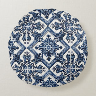 Mediterranean Tiles, Portuguese, Azulejo, Majolica Round Pillow