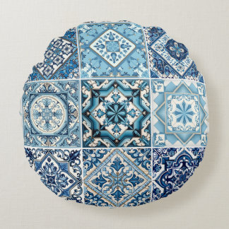 Mediterranean Tiles, Portuguese, Azulejo, Majolica Round Pillow