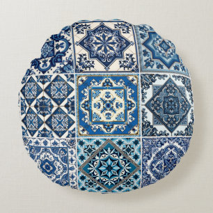 Mediterranean Tiles, Portuguese, Azulejo, Majolica Round Pillow