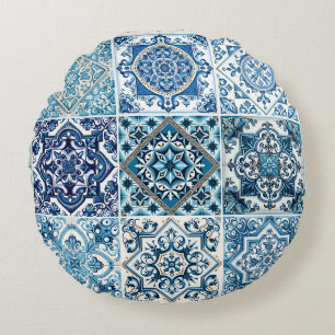 Mediterranean Tiles, Portuguese, Azulejo, Majolica Round Pillow