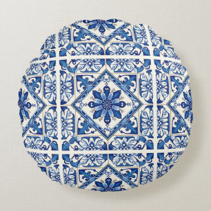 Mediterranean Tiles, Portuguese, Azulejo, Majolica Round Pillow