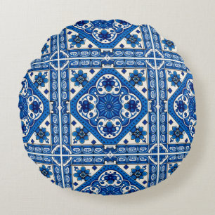 Mediterranean Tiles, Portuguese, Azulejo, Majolica Round Pillow