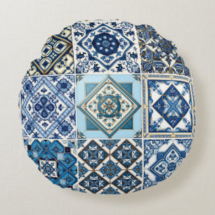 Mediterranean Tiles, Portuguese, Azulejo, Majolica Round Pillow