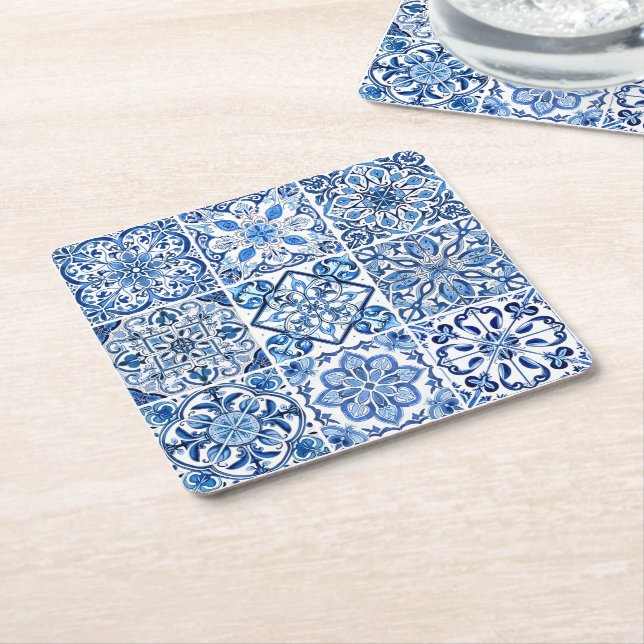 Mediterranean Tiles, Portuguese, Azulejo, Majolica Square Paper Coaster (Angled)