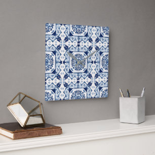Mediterranean Tiles, Portuguese, Azulejo, Majolica Square Wall Clock