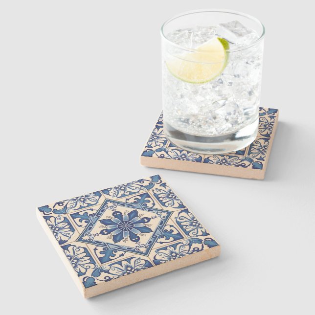Mediterranean Tiles, Portuguese, Azulejo, Majolica Stone Coaster (Side)