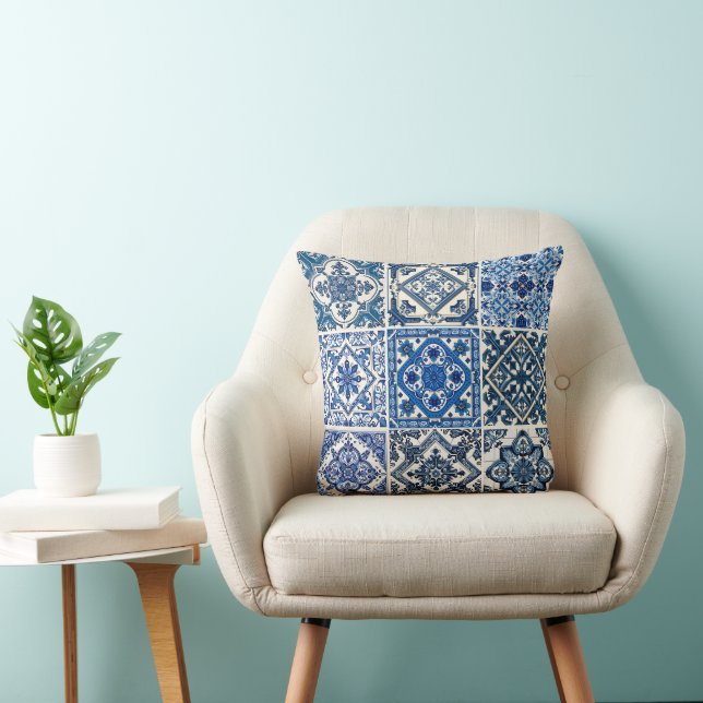 Mediterranean Tiles, Portuguese, Azulejo, Majolica Throw Pillow (Chair)