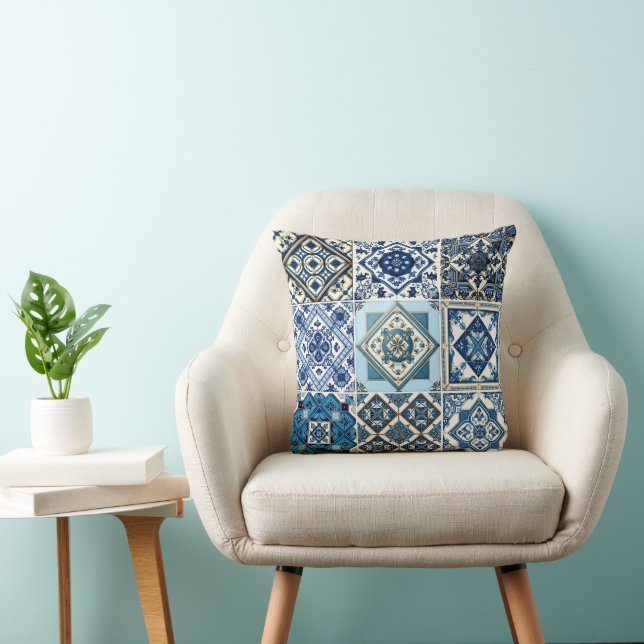 Mediterranean Tiles, Portuguese, Azulejo, Majolica Throw Pillow (Chair)