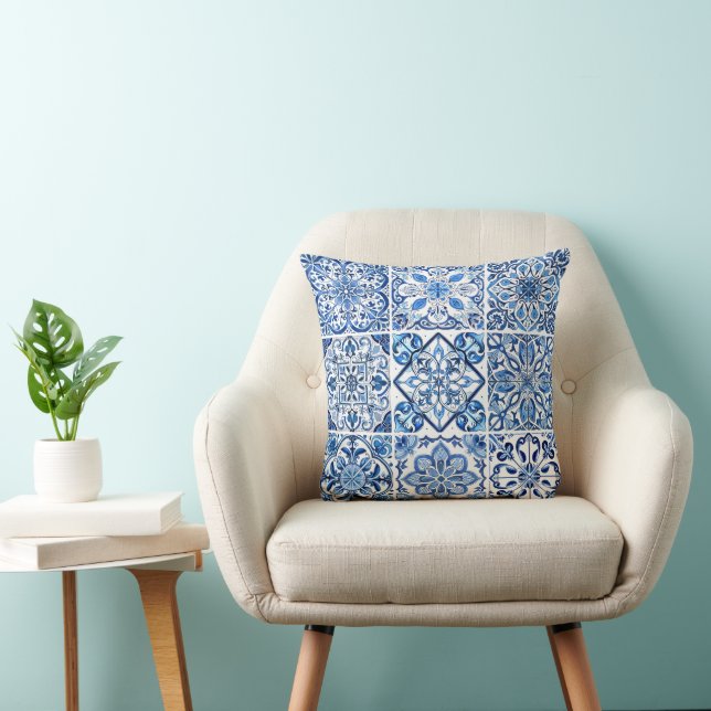 Mediterranean Tiles, Portuguese, Azulejo, Majolica Throw Pillow (Chair)