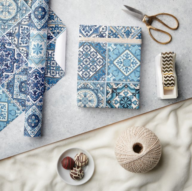 Mediterranean Tiles, Portuguese, Azulejo, Majolica Wrapping Paper (Crafts)