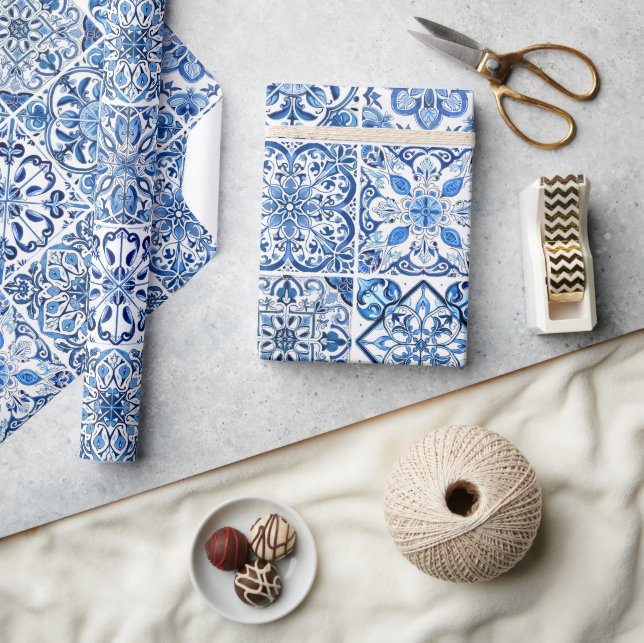 Mediterranean Tiles, Portuguese, Azulejo, Majolica Wrapping Paper (Crafts)