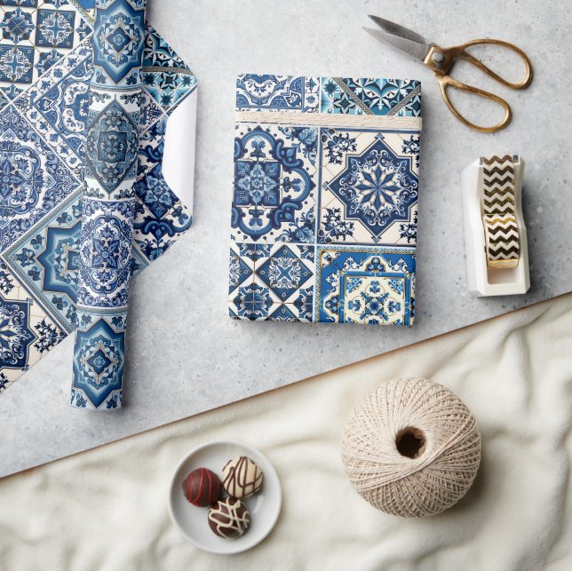 Mediterranean Tiles, Portuguese, Azulejo, Majolica Wrapping Paper (Crafts)