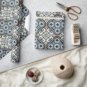Mediterranean Tiles, Portuguese, Azulejo, Majolica Wrapping Paper