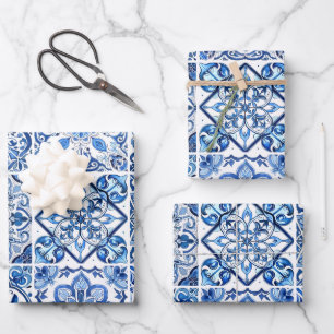 Mediterranean Tiles, Portuguese, Azulejo, Majolica Wrapping Paper Sheets