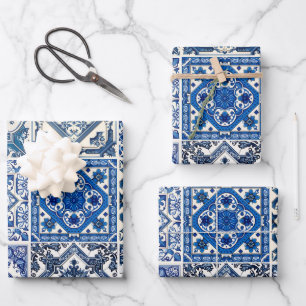 Mediterranean Tiles, Portuguese, Azulejo, Majolica Wrapping Paper Sheets