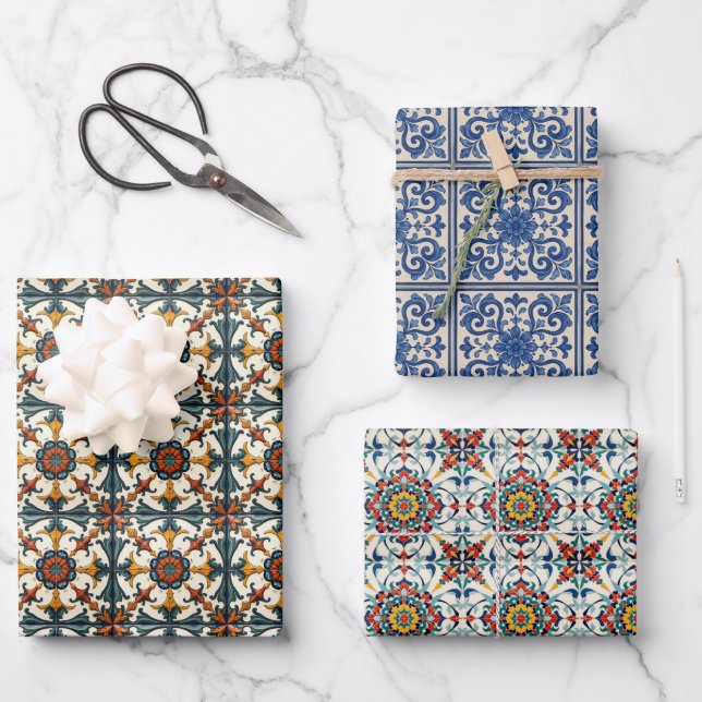 Mediterranean Tiles Wrapping Papers Folk Art 3 Set Wrapping Paper Sheets (Front)