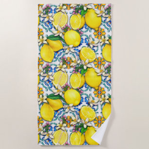 Mediterranean Traditional Pattern With Lemons Beach Towel