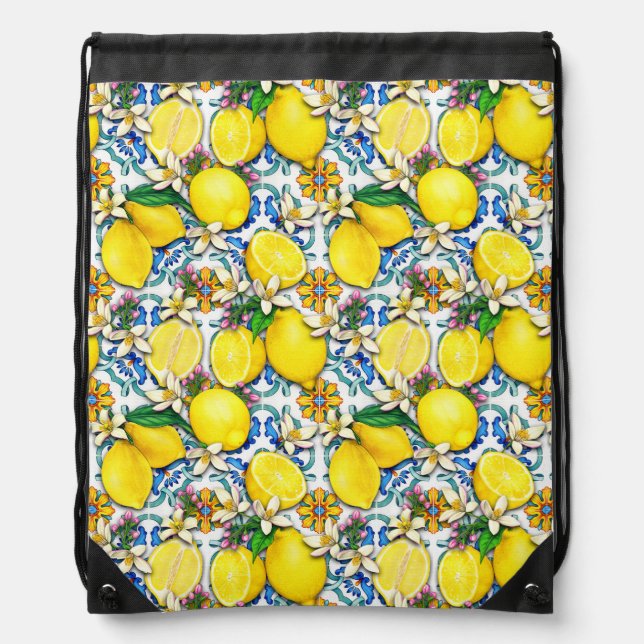 Mediterranean Traditional Pattern With Lemons Drawstring Bag (Front)