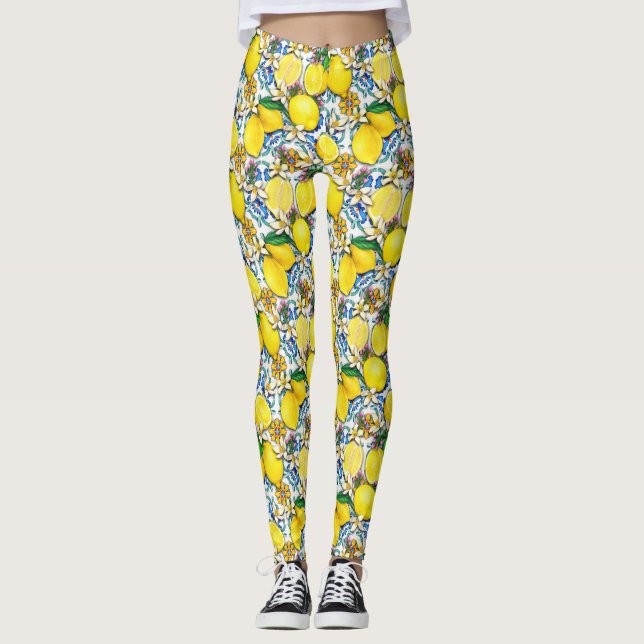 Mediterranean Traditional Pattern With Lemons Leggings (Front)