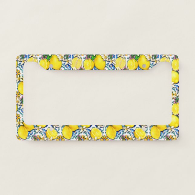 Mediterranean Traditional Pattern With Lemons License Plate Frame (Front)
