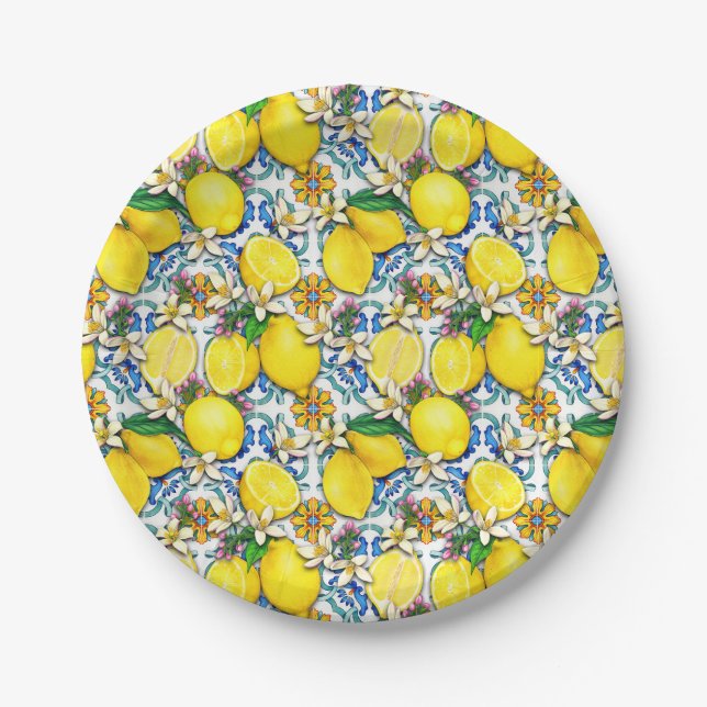 Mediterranean Traditional Pattern With Lemons Paper Plates (Front)