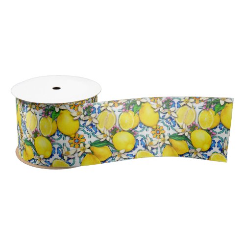 Mediterranean Traditional Pattern With Lemons Satin Ribbon