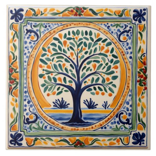Mediterranean Tree Rustic Blue  Yellow Folk Art Ceramic Tile