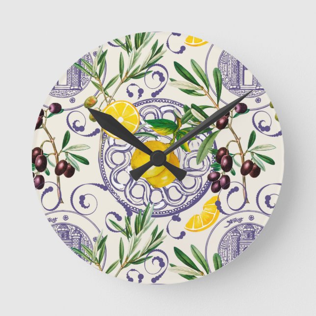 Mediterranean, Tuscan style, olives, pattern Round Clock (Front)