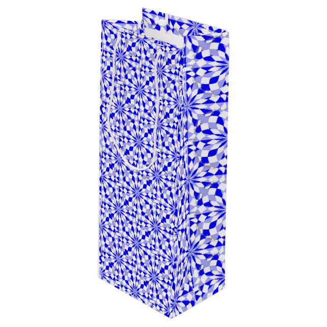 Mediterranean Two Tone Blue Geometric Pattern Wine Gift Bag (Front Angled)