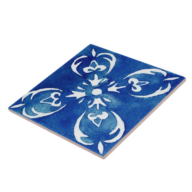 Mediterranean Vibrant Blue Watercolor Paint Ceramic Tile (Side)