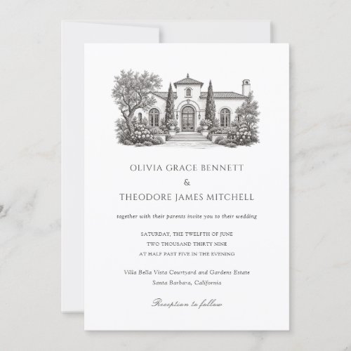 Mediterranean Villa Illustration Elegant Wedding Invitation