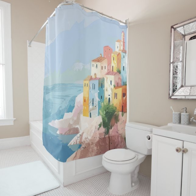 Mediterranean Village on the Cliffs Shower Curtain (In Situ)