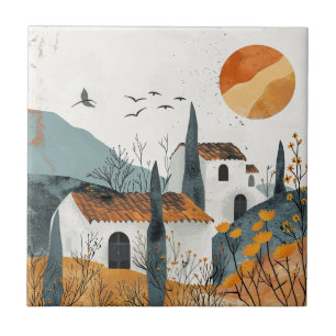 Mediterranean Village Terracotta Sun Landscape Ceramic Tile