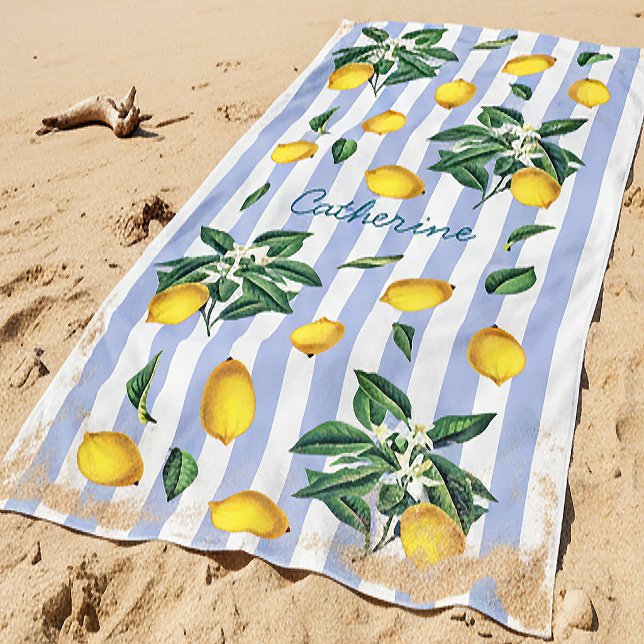 Mediterranean Vintage Lemons Blue Stripes Name Beach Towel (Creator Uploaded)